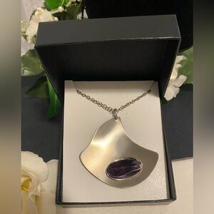 Genuine Amethyst Modernist Pendant on 28” Silver Chain (EUC); gift box